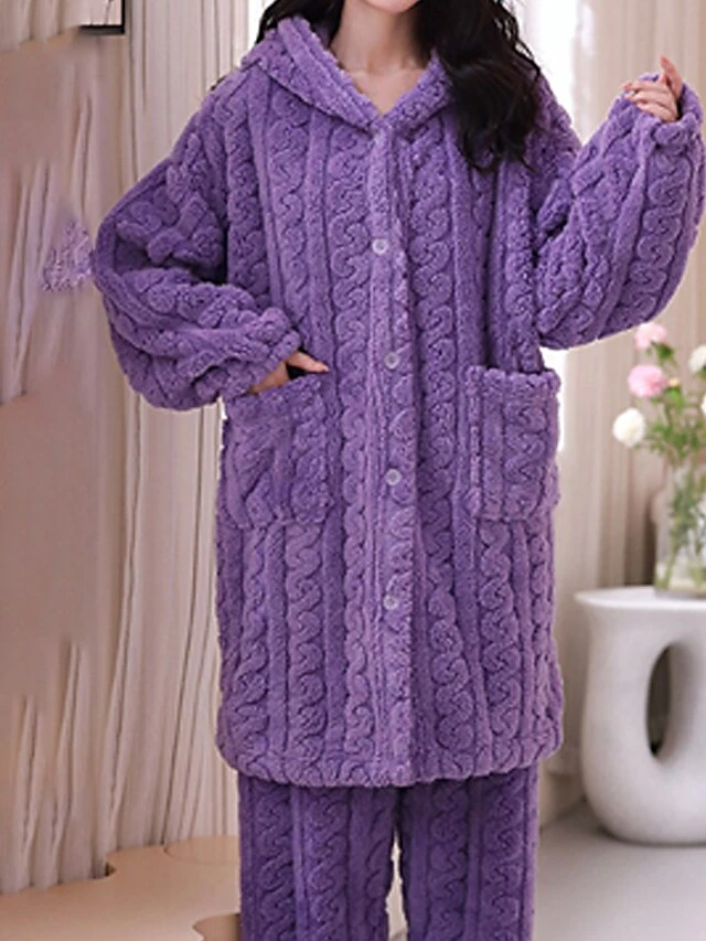 Women's Pajamas Sets Pure Color Warm Fashion Plush Home Daily Bed Coral Fleece Coral Velvet Warm Breathable Hoodie Long Sleeve Cardigan Pant Button Pocket Fall Winter Yellow Pink 2 Women's Pajamas Sets Pure Color Warm Fashion Plush Home Daily Bed Coral Fleece Coral Velvet Warm Breathable Hoodie Long Sleeve Cardigan Pant Button Pocket Fall Winter Yellow Pink - Image 2