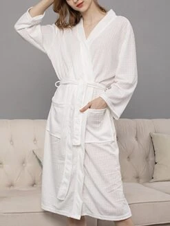 Couple's Robe Bathrobe Robes Gown Pure Color Casual Comfort Oversized Home Daily Bed Polyester Breathable V Wire Long Sleeve Summer Fall White Pink