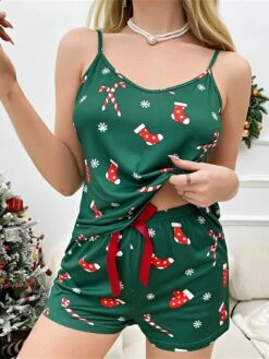 Women's Christmas Pajama Sets Snowflake Fashion Comfort Soft Home Daily Polyester Breathable Straps Sleeveless Strap Top Shorts Elastic Waist Summer Spring Green