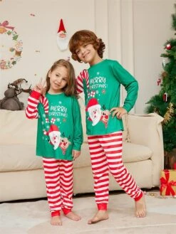 Matching Family Christmas Pajamas Sets Letter Santa Claus Basic Casual Comfort Home Christmas Cotton Breathable Gift Crew Neck Long Sleeve T Shirt Tee Pant Fall Winter Green -Deals The Sexy Bra Store yszmyw1697074756358