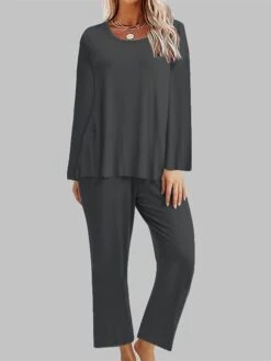 Women's Loungewear Sets Pure Color Simple Casual Comfort Home Daily Bed Polyester Breathable Crew Neck Long Sleeve T Shirt Tee Pant Pocket Fall Winter Black Red -Deals The Sexy Bra Store ytbkha1694072412747