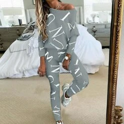 Women's Letter Print Lounge Sets Sweatsuit 2 PcsCrew Neck Long Sleeve Tops & Slim Pants Outfits Sport Comfort Home Street Vacation Polyester Off Shoulder Fall Winter S 2XL Black White -Deals The Sexy Bra Store ytsfal1676351914478