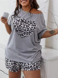 Women's Plus Size Pajamas Pajama Top And Pant Sets Leopard Heart Fashion Casual Soft Home Daily Bed Polyester Breathable Crew Neck Short Sleeve T Shirt Tee Shorts Summer Spring Gray 7 Women's Plus Size Pajamas Pajama Top And Pant Sets Leopard Heart Fashion Casual Soft Home Daily Bed Polyester Breathable Crew Neck Short Sleeve T Shirt Tee Shorts Summer Spring Gray -Deals The Sexy Bra Store ytzliq1681730726085
