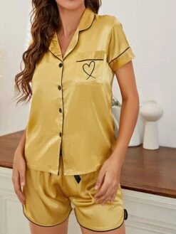 Women's Pajamas Sets Nighty Pjs 2 Pieces Heart Comfort Sweet Home Satin Lapel Short Sleeve Shorts Button Pocket Spring Summer Blue Yellow / Silk / Embroidery -Deals The Sexy Bra Store yumiyl1658389250205
