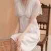 Women's Bridal Lingerie Pajamas Lace Nightgown Nightshirt Dress Pure Color Simple Casual Comfort Home Daily Bed Satin Breathable V Wire Short Sleeve Fall Winter Black White