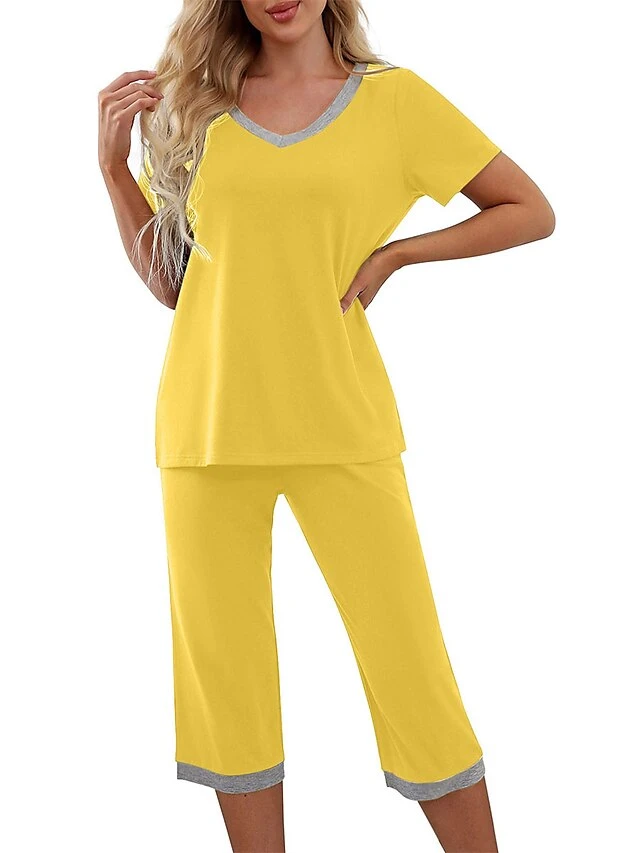 Women's Pajamas Pajama Top And Pant Sets Pure Color Casual Comfort Soft Home Daily Bed Cotton Blend Breathable V Wire Short Sleeve T Shirt Tee Elastic Waist Summer Spring White Yellow 9 Women's Pajamas Pajama Top And Pant Sets Pure Color Casual Comfort Soft Home Daily Bed Cotton Blend Breathable V Wire Short Sleeve T Shirt Tee Elastic Waist Summer Spring White Yellow - Image 9