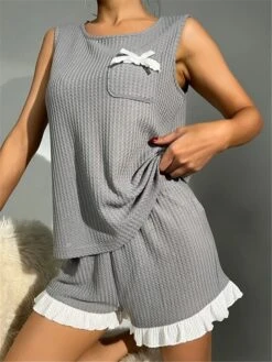 Women's Pajamas Pajama Top And Pant Sets Pure Color Simple Casual Soft Home Daily Bed Waffle Fabric Breathable Crew Neck Sleeveless Shorts Summer Spring Yellow Pink -Deals The Sexy Bra Store ywwdvw1679451493958