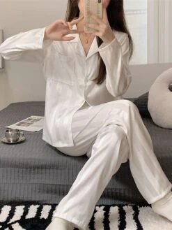 Women's Loungewear Sets 2 Pieces Stripe Fashion Casual Comfort Street Daily Date Silk Breathable Lapel Long Sleeve Pant Button Pocket Summer Fall Black White 21 Women's Loungewear Sets 2 Pieces Stripe Fashion Casual Comfort Street Daily Date Silk Breathable Lapel Long Sleeve Pant Button Pocket Summer Fall Black White -Deals The Sexy Bra Store yxmktj1689581319558
