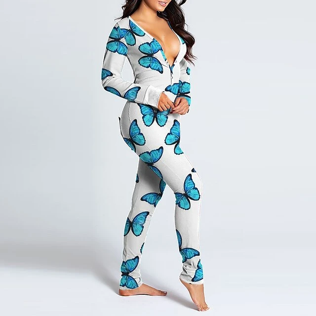 Women's Onesies Jumpsuits Butterfly Flower Funny Soft Party Home Halloween Gift V Wire Long Sleeve Winter Fall Silver Black Black / Buckle / Street / Print 17 Women's Onesies Jumpsuits Butterfly Flower Funny Soft Party Home Halloween Gift V Wire Long Sleeve Winter Fall Silver Black Black / Buckle / Street / Print - Image 17