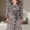 Women's Flannel Robes Gown Dot Simple Casual Comfort Home Daily Bed Breathable V Wire Long Sleeve Pocket Fall Winter Gray