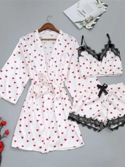 Women's Satin Heart Print Lace PJ Sets 3 Pcs Bathrobe Cami Top And Bow Tie Front Shorts Casual Comfort Soft Home Daily Bed Polyester Breathable Summer Fall White Wine