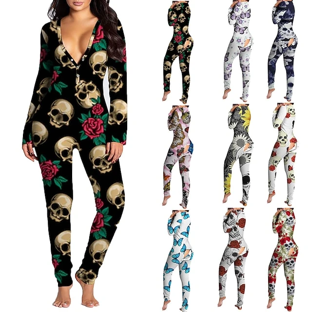 Women's Onesies Jumpsuits Butterfly Flower Funny Soft Party Home Halloween Gift V Wire Long Sleeve Winter Fall Silver Black Black / Buckle / Street / Print 1 Women's Onesies Jumpsuits Butterfly Flower Funny Soft Party Home Halloween Gift V Wire Long Sleeve Winter Fall Silver Black Black / Buckle / Street / Print