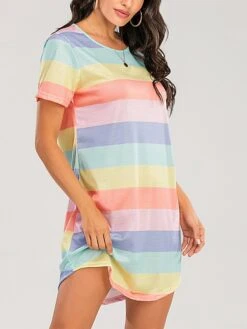 Women's Pajamas Nightgown Dress Rainbow Stripe Fashion Casual Soft Home Daily Bed Cotton Blend Breathable Crew Neck Short Sleeve Backless Summer Spring Blue Light Blue -Deals The Sexy Bra Store zaunkg1679451334111