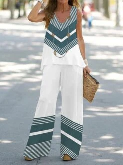 Women's Petite Sets 2 Pieces Geometic Casual Comfort Street Daily Polyester Breathable Crew Neck Sleeveless Pant Summer Spring Lake Blue Black -Deals The Sexy Bra Store zbfgyc1687336027252