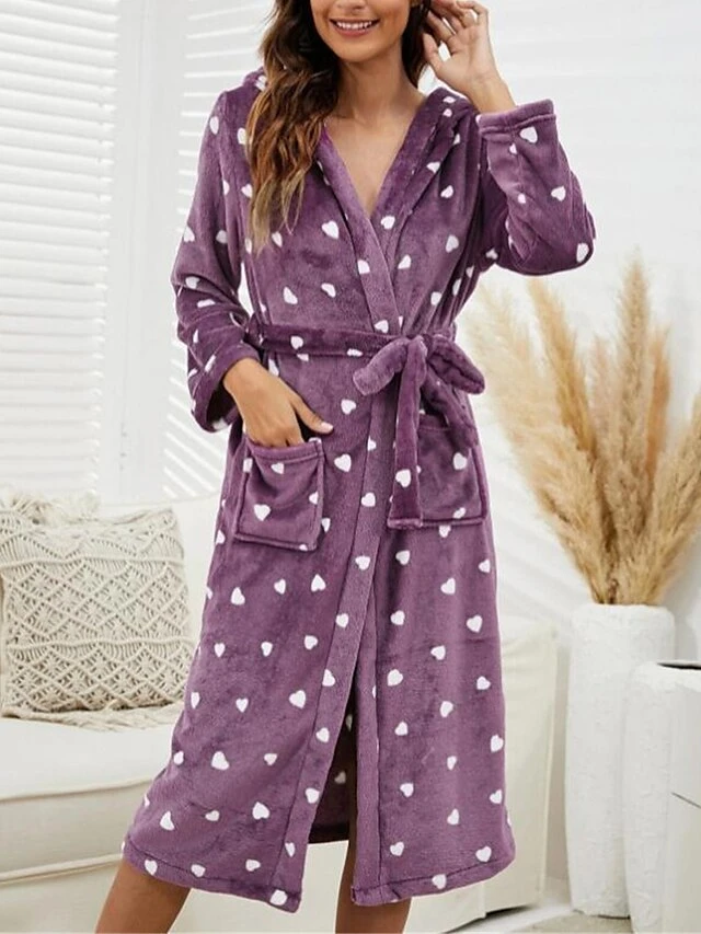 Women's Pajamas Bathrobe Heart Warm Plush Casual Home Daily Bed Flannel Warm Hoodie Long Sleeve Pocket Belt Included Fall Winter Pink Purple 7 Women's Pajamas Bathrobe Heart Warm Plush Casual Home Daily Bed Flannel Warm Hoodie Long Sleeve Pocket Belt Included Fall Winter Pink Purple - Image 7