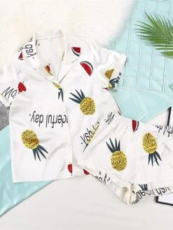 Women's Pajamas Pajama Top And Pant Sets Letter Fruit Simple Casual Comfort Home Daily Bed Satin Breathable Lapel Short Sleeve Shirt Shorts Button Spring Summer Light Pink White