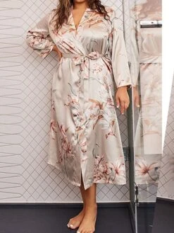Women's Plus Size Pajamas Robe Bathrobe Silk Robe Flower Fashion Casual Comfort Home Daily Bed Satin Breathable V Wire Long Sleeve Fall Winter Khaki -Deals The Sexy Bra Store zcuhxy1694164479702