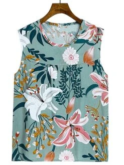 Women's Plus Size Pajama Cotton Top And Pant Sets 2Pcs Floral Print Fashion Casual Comfort Home Daily Vacation Breathable Crew Neck Sleeveless Tank Top Pants Summer Spring Yellow Light Green -Deals The Sexy Bra Store zdczaq1683783092468