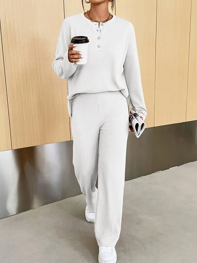 Women's Loungewear Sets Pure Color Fashion Comfort Soft Home Daily Bed Polyester Breathable Crew Neck Long Sleeve Pullover Pant Button Fall Winter Blue-Green White 4 Women's Loungewear Sets Pure Color Fashion Comfort Soft Home Daily Bed Polyester Breathable Crew Neck Long Sleeve Pullover Pant Button Fall Winter Blue-Green White - Image 4