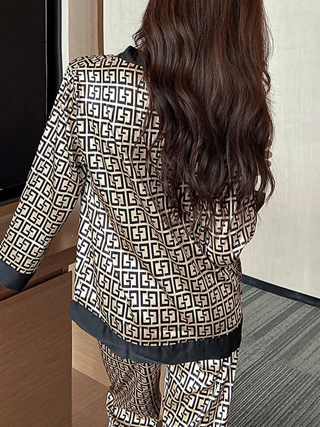 Women's Loungewear Sets 2 Pieces Grid / Plaid Fashion Casual Comfort Street Daily Date Polyester Breathable V Wire Long Sleeve Pant Button Fall Winter Black 3 Women's Loungewear Sets 2 Pieces Grid / Plaid Fashion Casual Comfort Street Daily Date Polyester Breathable V Wire Long Sleeve Pant Button Fall Winter Black - Image 3