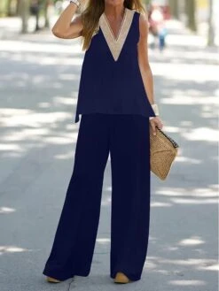 Women's Sets 2 Pieces Pure Color Comfort Home Daily Cotton Blend Comfort V Wire Sleeveless Summer Spring Lake Blue Black -Deals The Sexy Bra Store zfndbn1685439858458