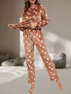 Women's Flannel Pajamas Sets Top And Pant Sets Dot Fashion Casual Soft Home Daily Bed Flannel Warm Breathable Crew Neck Long Sleeve Pant Fall Winter Brown -Deals The Sexy Bra Store zfuozl1689581343031