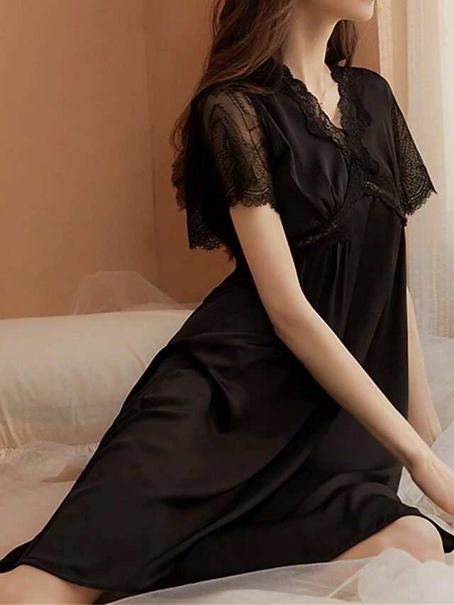 Women's Bridal Lingerie Pajamas Lace Nightgown Nightshirt Dress Pure Color Simple Casual Comfort Home Daily Bed Satin Breathable V Wire Short Sleeve Fall Winter Black White 3 Women's Bridal Lingerie Pajamas Lace Nightgown Nightshirt Dress Pure Color Simple Casual Comfort Home Daily Bed Satin Breathable V Wire Short Sleeve Fall Winter Black White - Image 3