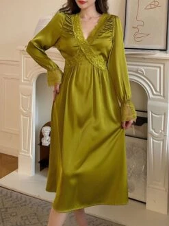 Women's Satin Silk Lace Nightgown Pajamas Nightshirt Dress Pure Color Simple Casual Comfort Home Daily Bed Satin Breathable V Wire Long Sleeve Chest Pads Fall Winter Black White -Deals The Sexy Bra Store zgtnai1697170319108