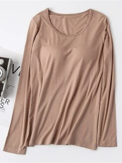 Women's Pink Pajama Top With Chest Pads Loungewear Top Pure Color Fashion Casual Comfort Street Daily Bed Modal Breathable Crew Neck Long Sleeve Fall Winter Black White -Deals The Sexy Bra Store zhdfwl1697699925571