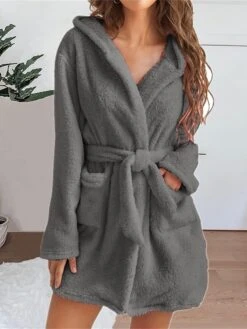 Women's Fleece Coral Robe Bathrobe Robes Gown Pure Color Casual Comfort Soft Home Daily Bed Coral Velvet Warm Hoodie Long Sleeve Pocket Fall Winter Black White -Deals The Sexy Bra Store zijsbt1689581326716