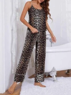 Women's Pajamas Pajama Top And Pant Sets Leopard Fashion Casual Soft Home Daily Bed Rayon Breathable Straps Sleeveless Strap Top Pant Summer Spring Brown -Deals The Sexy Bra Store zimrll1680597768520