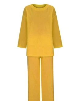 Women's Plus Size Loungewear Sets 2 Pieces Pure Color Fashion Casual Comfort Street Daily Date Cotton Breathable Crew Neck Long Sleeve Pant Summer Fall White Yellow -Deals The Sexy Bra Store ziqgct1689326429289