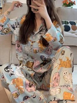 Women's Loungewear Sets 2 Pieces Cat Fashion Casual Comfort Street Daily Date Polyester Breathable Lapel Long Sleeve Pant Fall Winter Blue