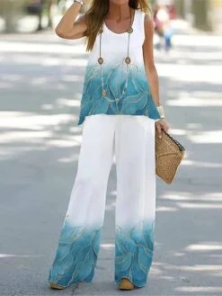 Women's Loungewear Sets Gradient Feather Print Fashion Casual Street Date Airport Polyester Breathable Crew Neck Sleeveless Top And Wide Leg Pants Summer Spring Black White -Deals The Sexy Bra Store zjrspj1679973751936