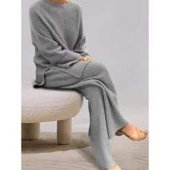 Women's Plus Size Knit Lounge Sets Home Party Street Daily Basic Pure Color Cotton Simple Soft Daily Sport Sweater Pant Fall Winter Round Neck Long Sleeve -Deals The Sexy Bra Store zkambf1690359409956