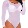 Women's Sexy Bodies Teddies & Bodysuits 1 Pc Pure Color Simple Fashion See Through Home Daily Bed Polyester Breathable Crew Neck Long Sleeve Mesh Basic Spring Summer White Black / Soft / Transparent