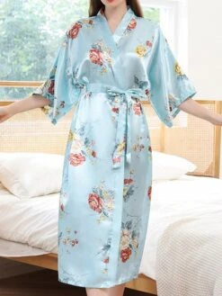 Women's Pajamas Robes Gown Bathrobes Nighty 1 PCS Flower Simple Comfort Kimono Robes Home Wedding Party Spa Satin Gift Long Sleeve Print Belt Included Spring Summer Blue Pink -Deals The Sexy Bra Store zkhsdf1644490239478