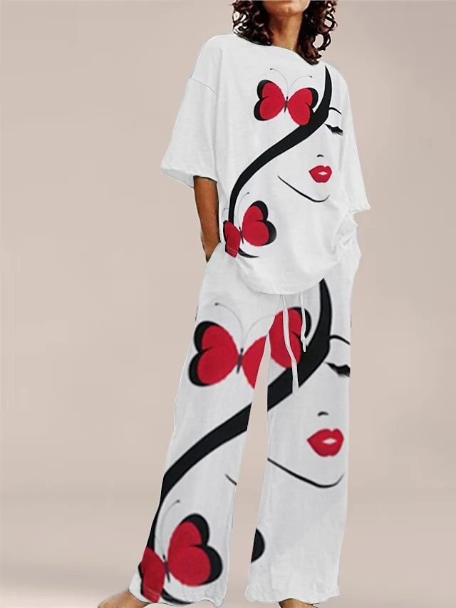 Women's Loungewear Sets 2 Pieces Flower Print Simple Casual Comfort Home Daily Cotton Blend Breathable Crew Neck Short Sleeve Top Pullover Pants With Pockets Summer Spring Lake Blue White 2 Women's Loungewear Sets 2 Pieces Flower Print Simple Casual Comfort Home Daily Cotton Blend Breathable Crew Neck Short Sleeve Top Pullover Pants With Pockets Summer Spring Lake Blue White - Image 2