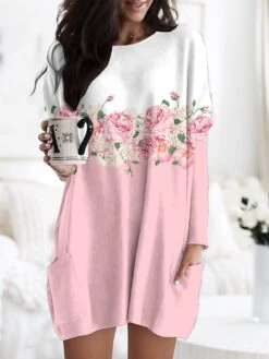 Women's Nightgown Flower Fashion Comfort Home Daily Polyester Crew Neck Long Sleeve Pocket Fall Winter Light Pink Yellow