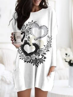 Women's Nightgown Heart Stripe Fashion Comfort Home Daily Polyester Crew Neck Long Sleeve Pocket Fall Winter Black White
