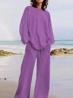 Women's Plus Size Loungewear Sets 2 Pieces Pure Color Fashion Casual Comfort Street Daily Date Cotton Breathable Crew Neck Long Sleeve Pant Summer Fall White Yellow -Deals The Sexy Bra Store zlvuzt1689326422755