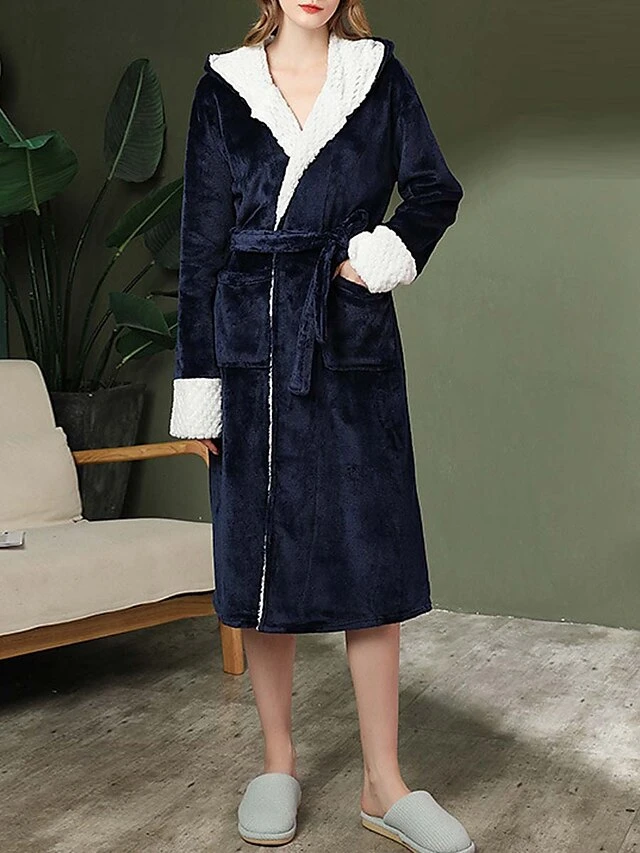 Women's Flannel Robe Pure Color Simple Casual Comfort Home Daily Bed Breathable V Wire Long Sleeve Pocket Belt Included Hoodie Fall Winter 2120 Gray 2120 Navy Blue 2 Women's Flannel Robe Pure Color Simple Casual Comfort Home Daily Bed Breathable V Wire Long Sleeve Pocket Belt Included Hoodie Fall Winter 2120 Gray 2120 Navy Blue - Image 2