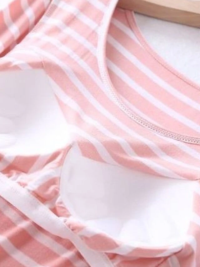 Women's 2 Piece Pajama Setswith Chest Pad Long Sleeve Stripe Shirt And Pants Crew Neck Spring Autumn Pink Blue 3 Women's 2 Piece Pajama Setswith Chest Pad Long Sleeve Stripe Shirt And Pants Crew Neck Spring Autumn Pink Blue - Image 3