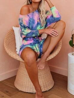 Women's Pajama Top And Pant Tie Dye Fashion Casual Soft Home Daily Bed Polyester Breathable One Shoulder Long Pant T Shirt Tee Shorts Summer Fall Light Green Blue -Deals The Sexy Bra Store zpfbbk1690183500448