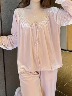 Women's Pajamas Sets Pure Color Casual Comfort Soft Home Bed Velvet Breathable Long Sleeve Shirt Pant Button Fall Winter Pink -Deals The Sexy Bra Store zpupvt1697161959938