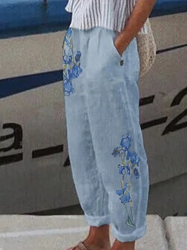 Women's Loungewear Bottom Nighty Flower Simple Comfort Home Street Cotton And Linen Long Pant Elastic Waist Spring Summer Purple Yellow 3 Women's Loungewear Bottom Nighty Flower Simple Comfort Home Street Cotton And Linen Long Pant Elastic Waist Spring Summer Purple Yellow - Image 3