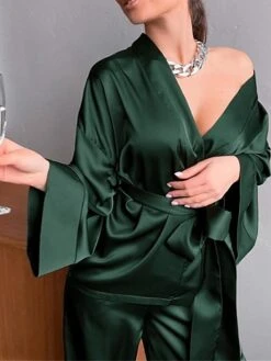 Women's Loungewear Sets 2 Pieces Pure Color Fashion Casual Comfort Street Xmas Daily Date Satin Breathable Plunging Neck Long Sleeve Pant Summer Fall Black Pink -Deals The Sexy Bra Store zrroqq1689581306418