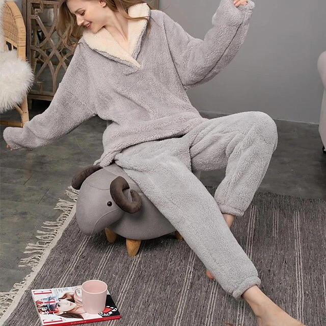 Women's Flannel Warm Pajamas Sets Nighty Pure Color Plush Fashion Comfort Home Christmas Vacation V Wire Long Sleeve Sweater Pant Elastic Waist Fall Winter Gray Purple / Lace Up 1 Women's Flannel Warm Pajamas Sets Nighty Pure Color Plush Fashion Comfort Home Christmas Vacation V Wire Long Sleeve Sweater Pant Elastic Waist Fall Winter Gray Purple / Lace Up