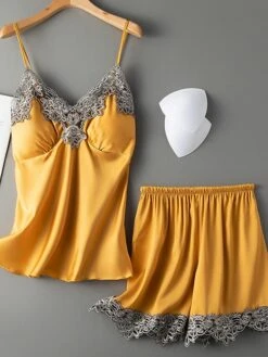 Women's Pajama Satin Top And Pant Sets 2Pcs Pure Color Fashion Casual Soft Home Daily BedBreathable Straps Sleeveless Strap Top Shorts Chest Pads Removable Pad Summer Spring Lotus Pink Yellow -Deals The Sexy Bra Store zrugtu1683787555872