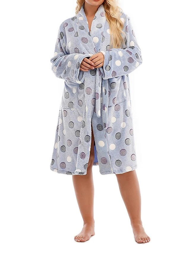 Women's Plus Size Robe Dot Simple Casual Comfort Home Street Going Out Flannel Warm Breathable V Wire Long Sleeve Pocket Summer Fall Lavender Lilac White 4 Women's Plus Size Robe Dot Simple Casual Comfort Home Street Going Out Flannel Warm Breathable V Wire Long Sleeve Pocket Summer Fall Lavender Lilac White - Image 4